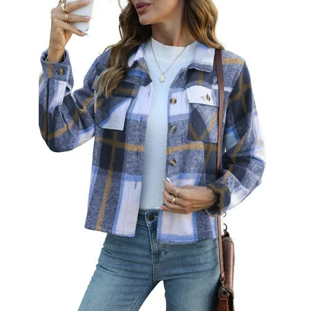 Anygrew Womens Shacket Plaid Shirts Flannel Shacket Jacket Long Sleeve Button Down Shirt Trendy Fall Outfits for Women Coats | Walmart (US)