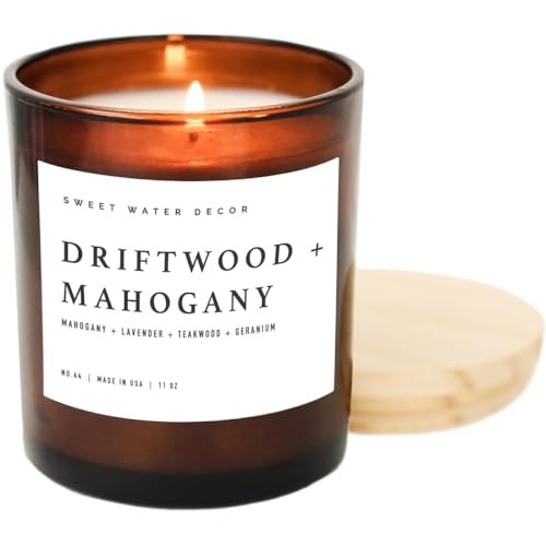 Sweet Water Decor Driftwood and Mahogany Candle | Warm Mahogany, Fresh Lavender, Geranium, and Teakwood Scented Candle for Home | 11oz Amber Glass Jar, 50+ Hour Burn Time, Made in the USA | Amazon (US)