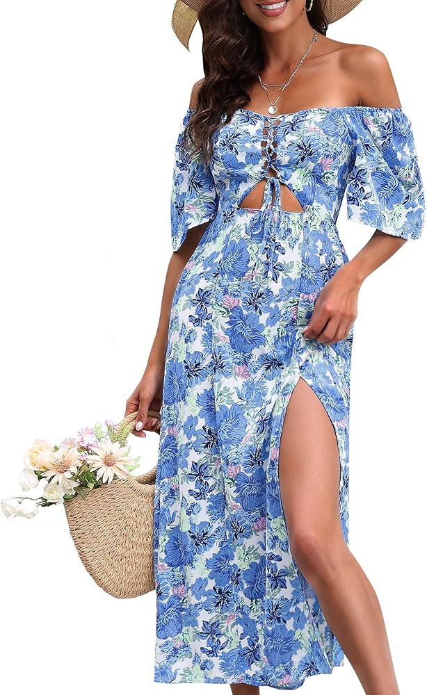 Womens Summer Floral Midi Dress,2023 Casual Boho Dresses Short Sleeve A-line Square Neck Tie Fron... | Amazon (US)