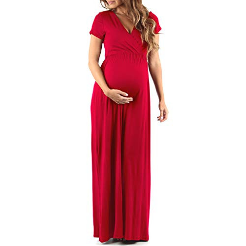 Mother Bee Maternity Short Sleeve Ruched Waist Faux Wrap Maxi Dress Red | Amazon (US)