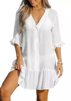 Cupshe Women's V Neck Ruffled Cover Up Button Down Beach Dress | Belk