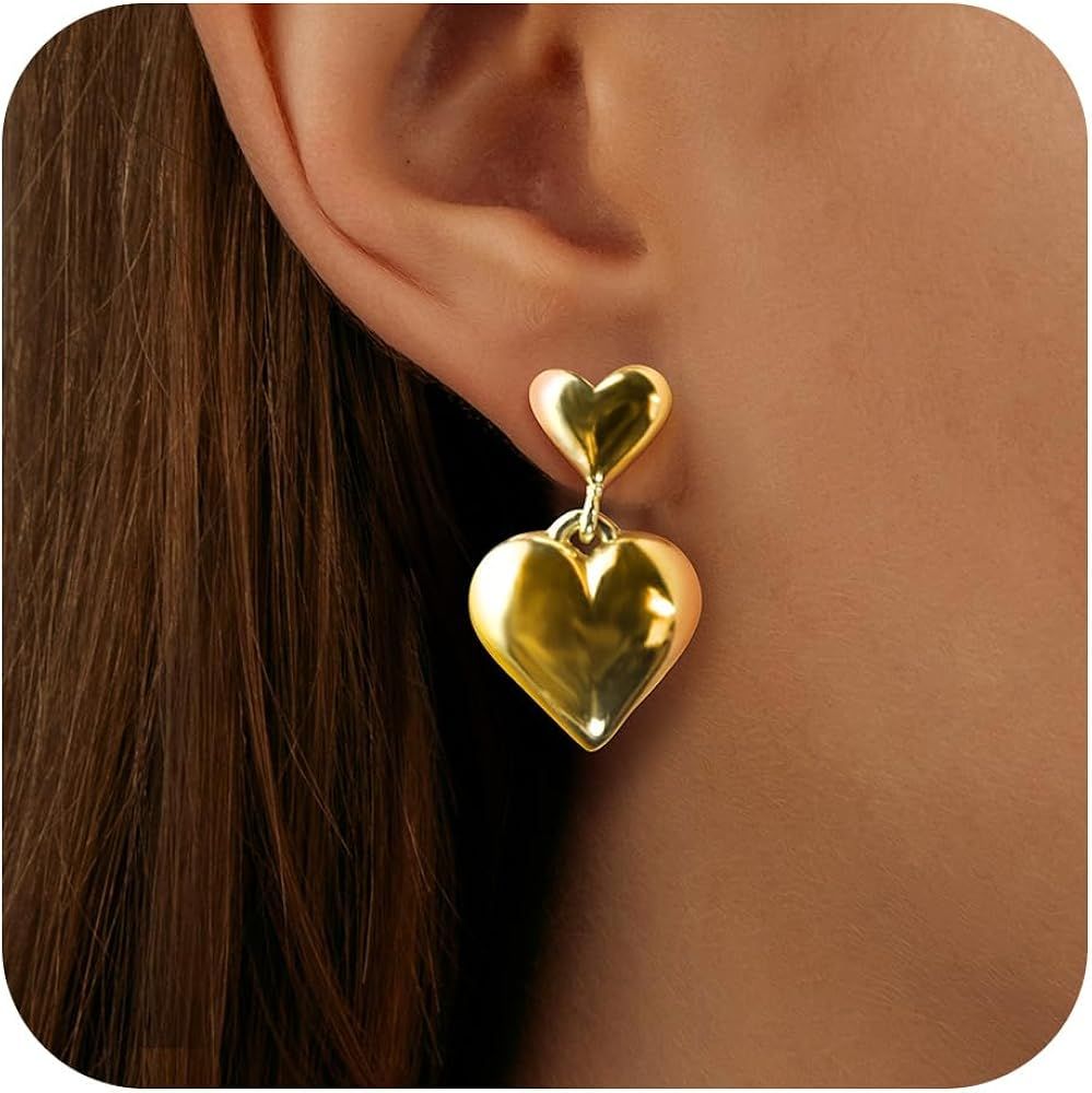 Heart Bow Earrings for Women - 18K Gold Heart Shaped Earrings Dangle | Heart Hoop Earrings | Hear... | Amazon (US)