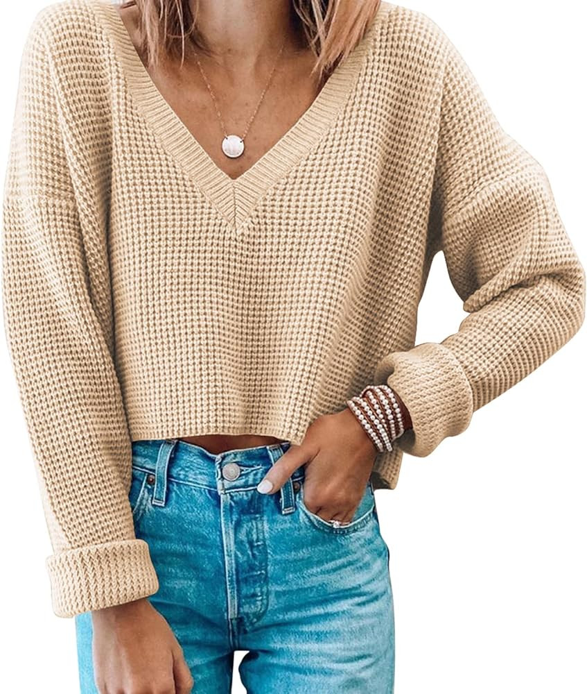 Womens V Neck Waffle Knit Cropped Top Long Sleeve Pullover Crop Sweater | Amazon (US)