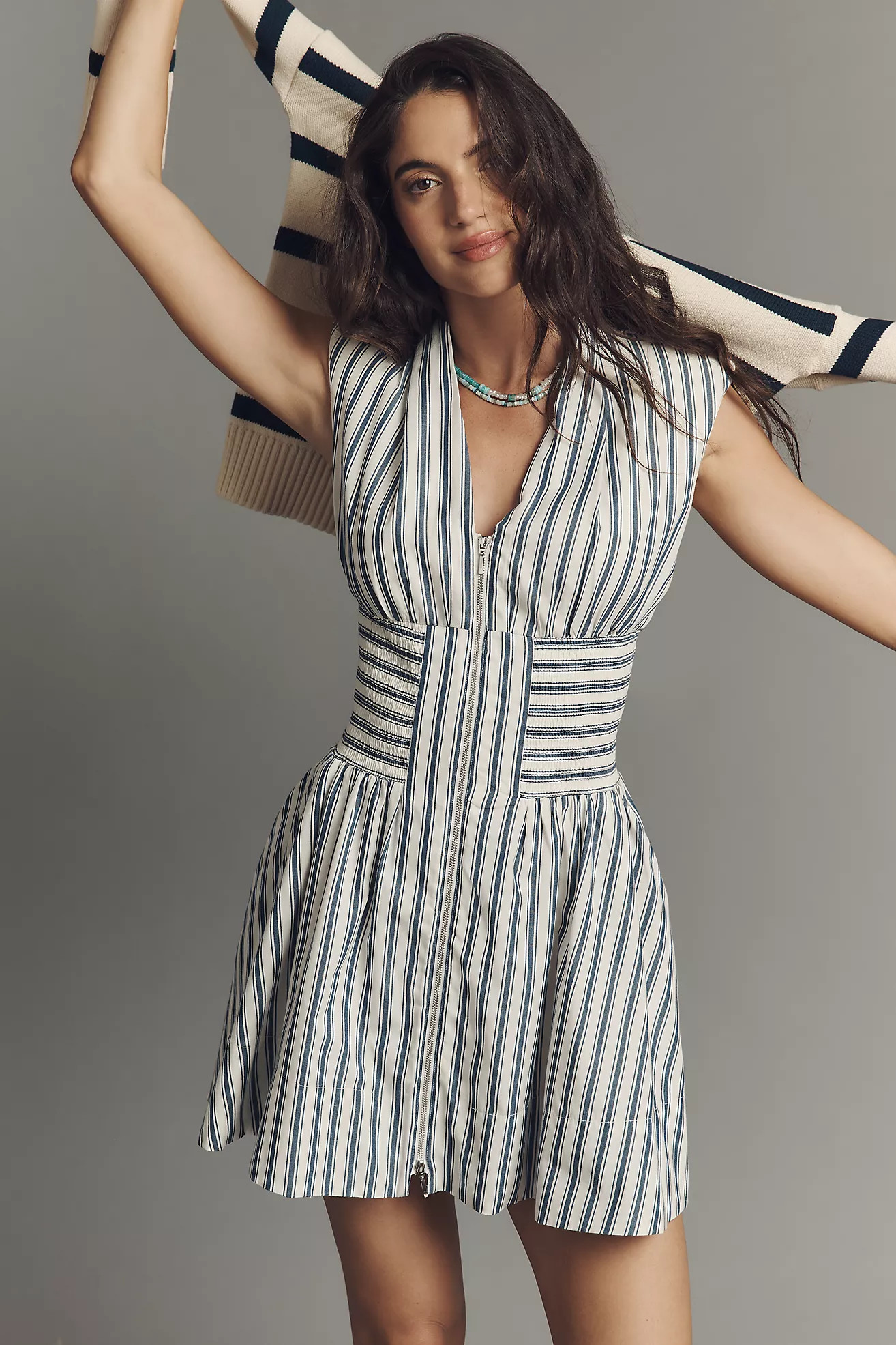 The Tommie Cap-Sleeve Smocked Front-Zip Mini Shirt Dress: Stripe Edition | Anthropologie (US)