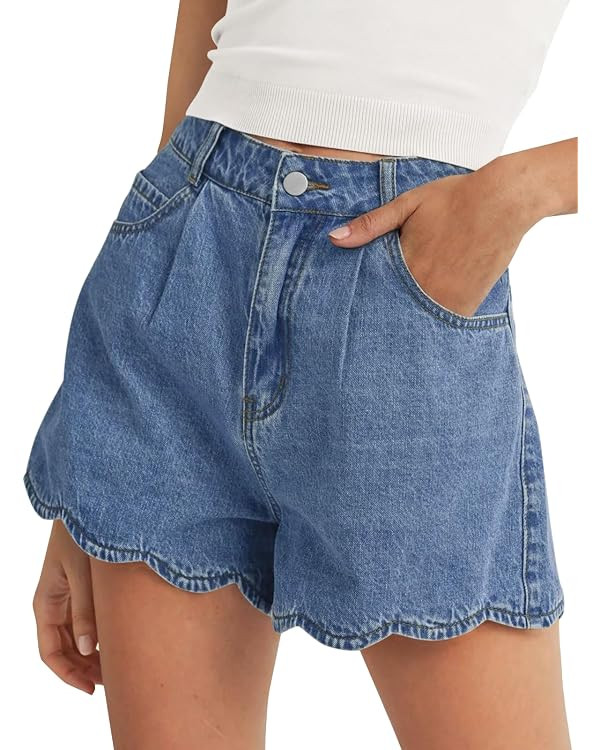 Tankaneo Womens High Waist Jean Shorts Summer Scalloped Hem Denim Short | Trendy Casual Cute | Amazon (US)