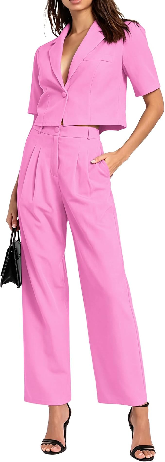 Women Suits 2 Piece Set Cropped Blazer Wide Leg Pant Business Outfit | Amazon (US)