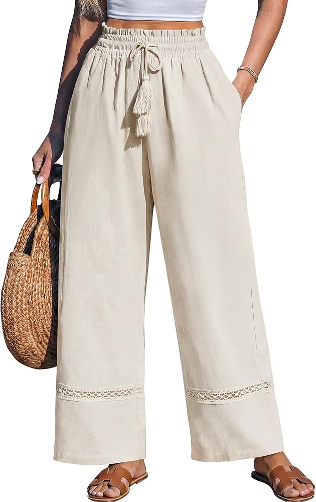 Sarin Mathews Womens Wide Leg Linen Pants High Waisted Drawstring Palazzo Casual Summer Beach Pan... | Amazon (US)