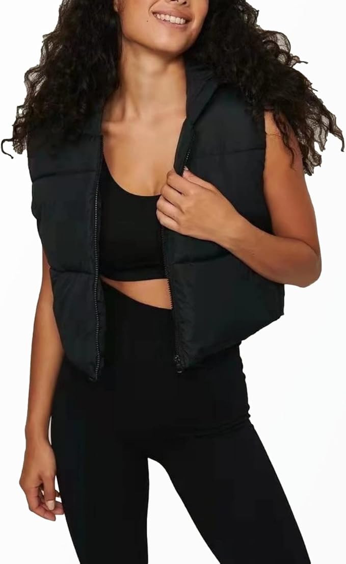 Shiyifa Women's Fashion High Neck Zipper Cropped Puffer Vest Jacket Coat | Amazon (US)