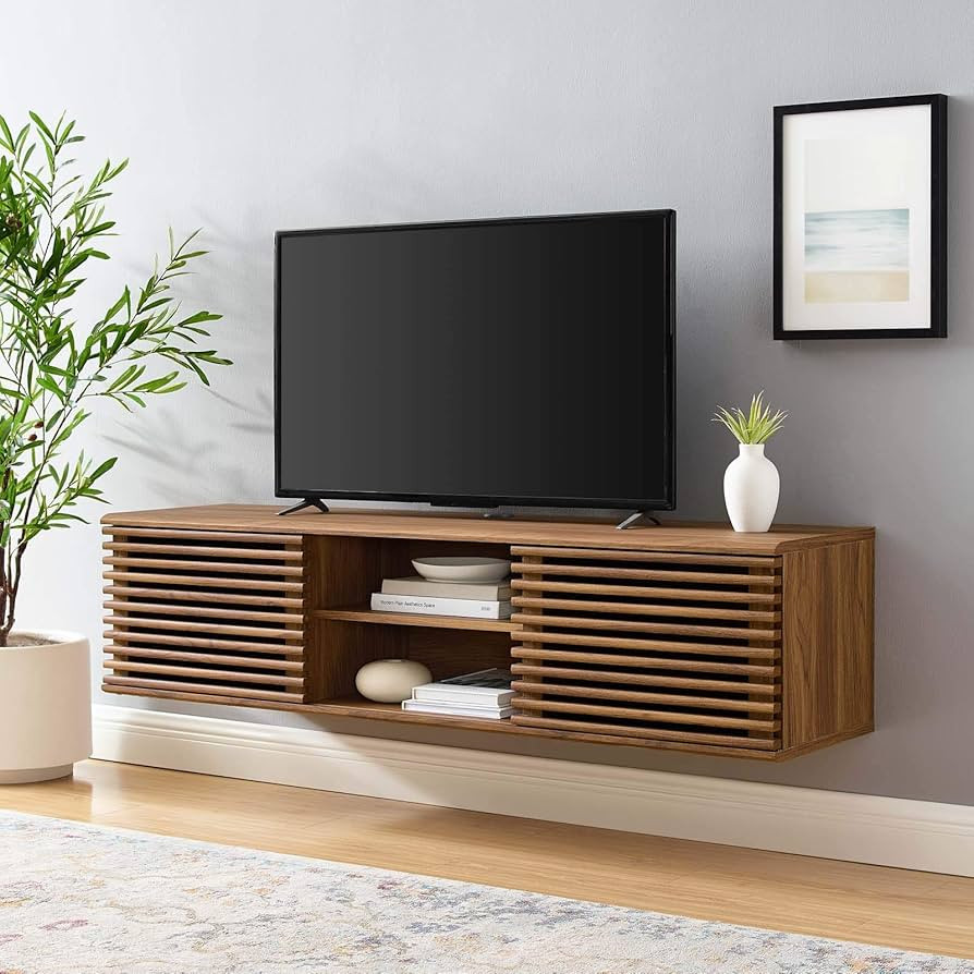 Modway Render 60" Mid-Century Modern Wall Mount Media Console TV Stand, 60 Inch, Walnut | Amazon (US)