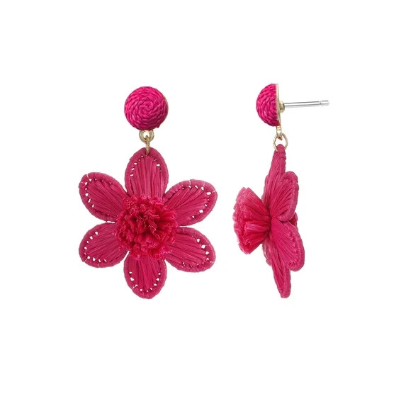 Time and Tru Women's Magenta Raffia Flower Earrings, 1 Pair | Walmart (US)