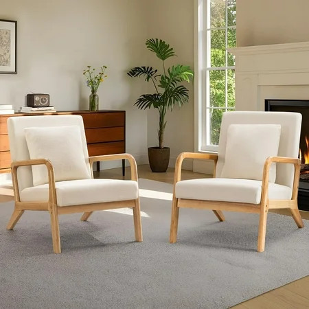 JULY'S SONG Mid Century Modern Accent Chair set of 2, Linen Upholstered Reading Chair with Wood Frame, 25.6" W Arm Chairs in Living Room,White | Walmart (US)