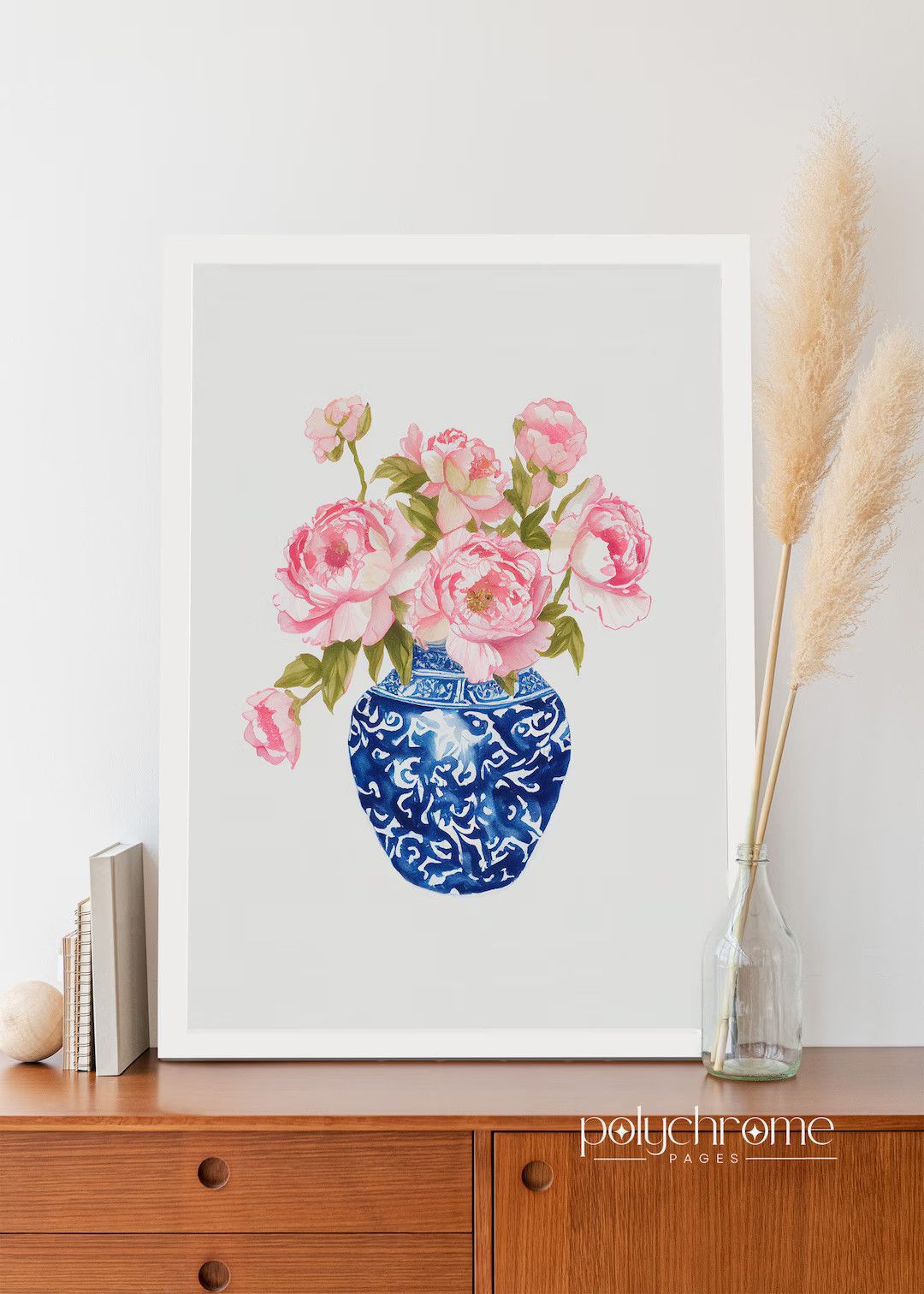Flowers in chinoiserie watercolor wall art, peonies in blue and white chinoiserie art print, chin... | Etsy (US)
