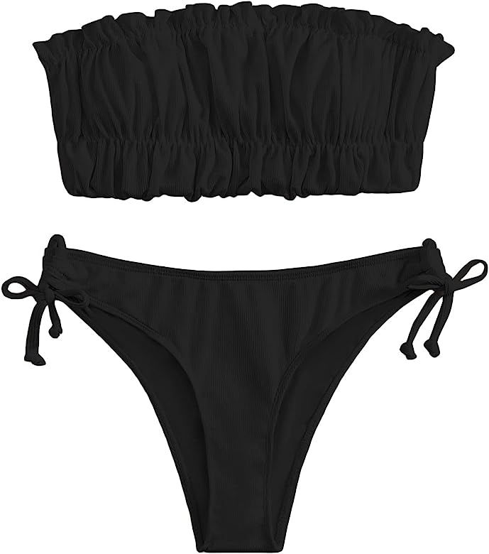 MakeMeChic Women's 2 Piece Bandeau Swimsuit Strapless Ruched Tie Side High Cut Bikini Set | Amazon (US)