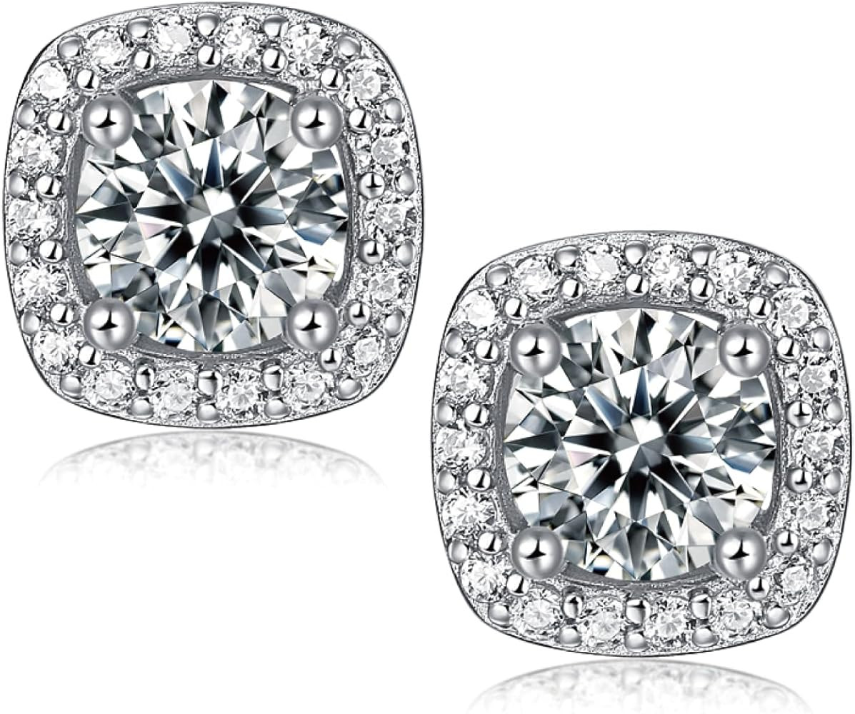 Moissanite Square Halo Stud Earrings 0.5-2CT D Color VVS1 Clarity Lab-Created 18K Gold Plated 925... | Amazon (US)