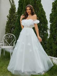 Off Shoulder Appliques Mesh Wedding Dress | SHEIN