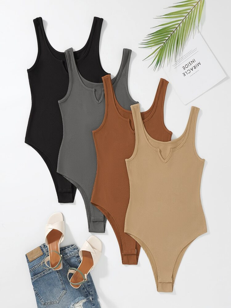 4pcs Ribbed Knit Notched Neck Tank Bodysuit | SHEIN