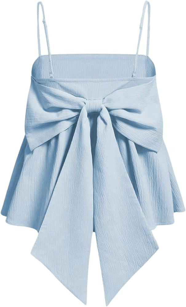 Women's Solid Big Bow Back Ruffle Hem Spaghetti Strap Party Top Regular Fit Flared Cami Top Camis... | Amazon (US)