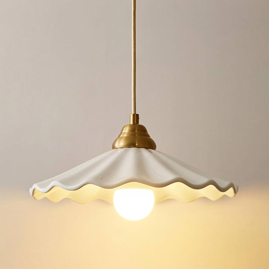 White Scalloped Ceramic Pendant Light, Vintage Kitchen Island Light Fixture | Amazon (US)