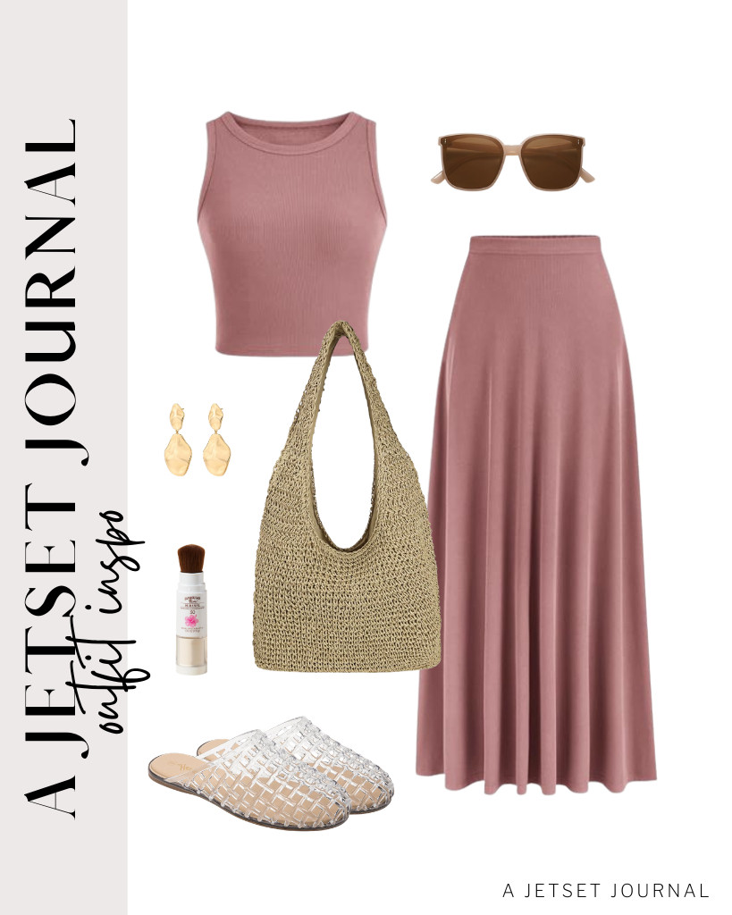 Dusty pink PRETTYGARDEN’s two-piece set is our next outfit. You can slip on HEVA jelly slide sandals and grab this large straw beach bag to match this look. SOJOS vintage sunnies and these PAVOI teardrop dangle earrings are perfect for this fit, too.	

#LTKSeasonal #LTKSaleAlert #LTKTravel
 

 