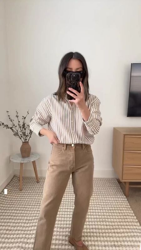Reformation Parker Relaxed shirt. Called relaxed but fits more tts. So size up for more room. 

Shirt - Reformation xs
Jeans - Gap Short 26
Flats - Mansur Gavriel 35
Sunglasses - Celine 

Petite Style, Neutral outfit, capsule wardrobe, minimal style, street style outfits, Affordable fashion, Spring fashion, Spring outfit

#LTKshoecrush #LTKSeasonal