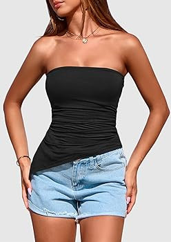 PRETTYGARDEN Womens Tube Top 2025 Summer Trendy Strapless Tops Going Out Outfits Ruched Asymmetri... | Amazon (US)