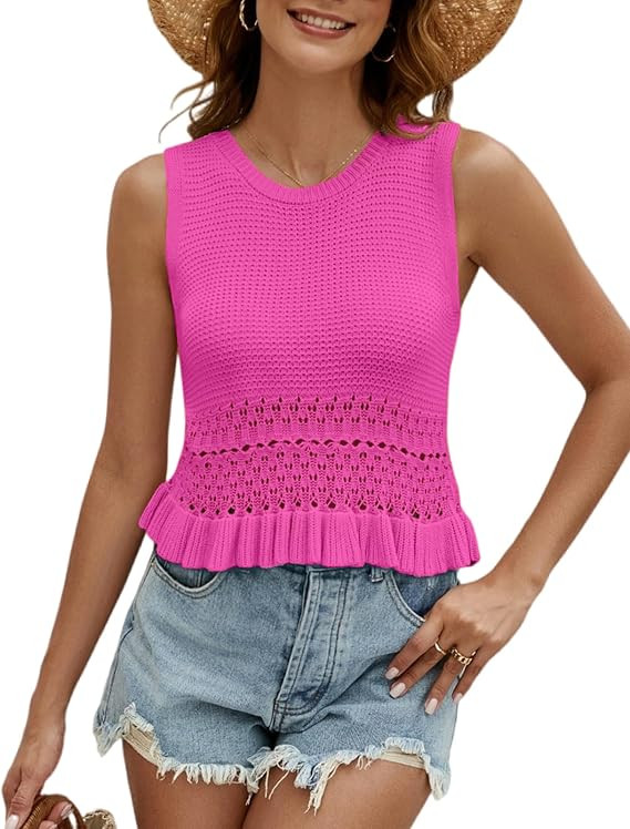 VIMPUNEC Womens Crochet Crop Tank Tops Sleeveless Knit Sweater Vest Ruffle Hem Summer Top | Amazon (US)