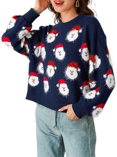 Miessial Women's Cute Santa Claus Christmas Sweater Soft Knit Adorable Holiday Sweaters 01-Navy Santa Medium | Amazon (US)