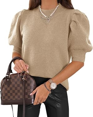 Women's Puff Short Sleeve Sweaters Trendy Fall Tops Casual Pullover | Amazon (US)