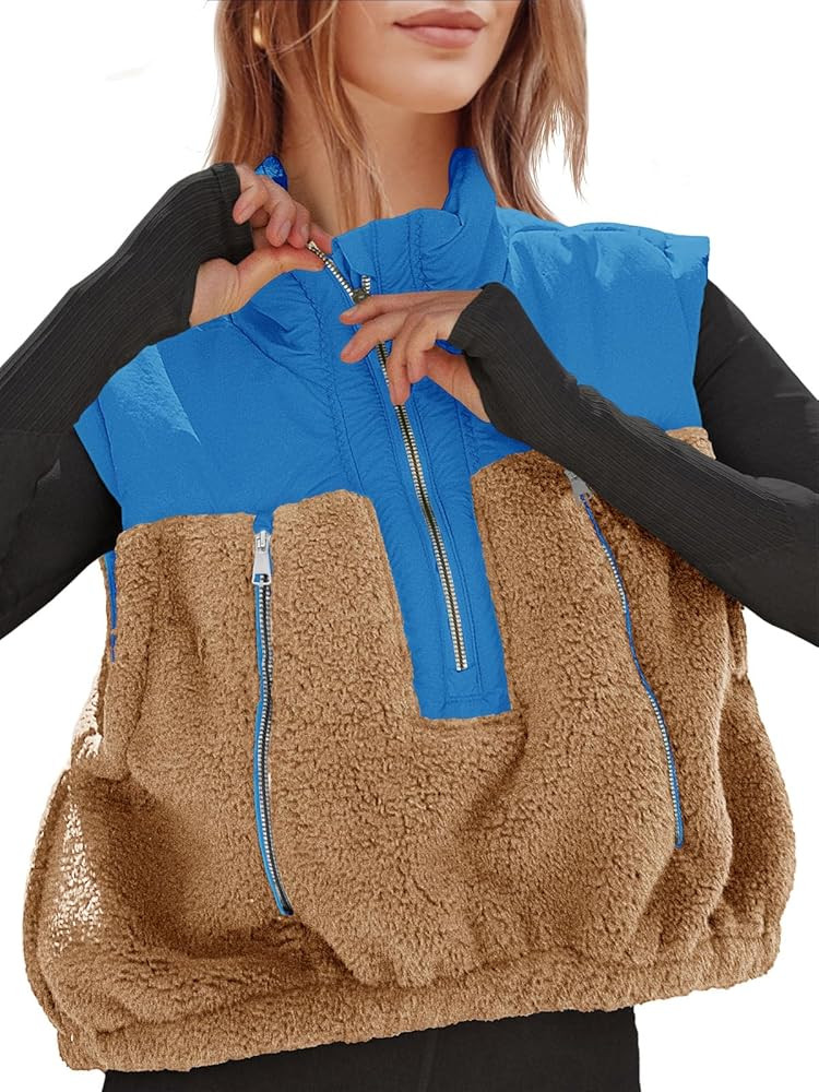 Tankaneo Womens Cropped Vests Outerwear Color Block Half Zipper Fleece Sherpa Sleeveless Winter C... | Amazon (US)