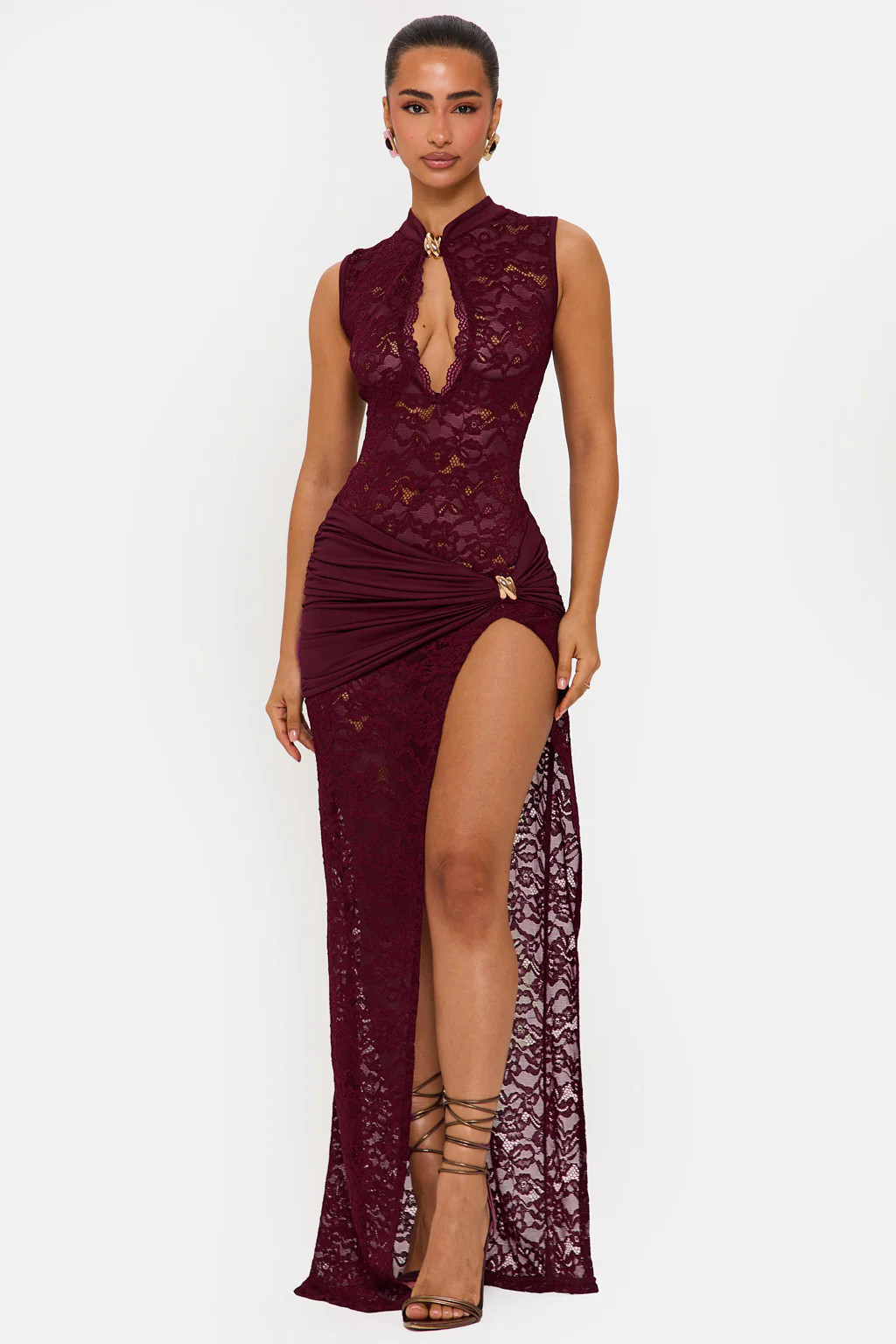 ONYX DRESS LACE KEYHOLE MAXI DRESS IN WINE | Murci