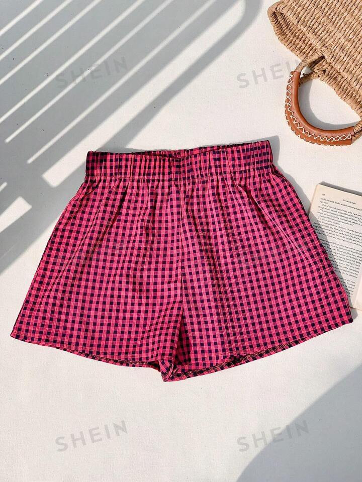 SHEIN EZwear Women Summer Elastic Waist Wide Leg Checkered Shorts, Casual | SHEIN