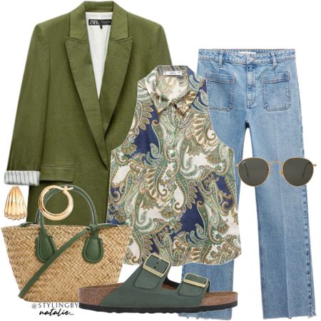 Green linen blazer, sleeveless paisley print shirt, flare jeans, Birkenstock Arizona sandals, green handle straw tote bag, gold hoop earrings, Ray ban sunglasses. Spring summer outfit, casual outfit, brunch outfit.

#LTKmidsize #LTKstyletip #LTKSeasonal