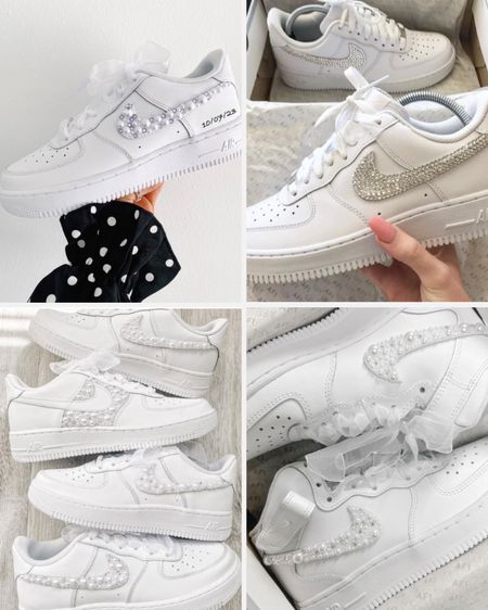 White Nike + Adidas sneakers customized with crystal + faux pearl detailing for brides, bride-to-be, proms and graduation. 

#LTKU #LTKshoecrush #LTKwedding