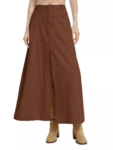 Cicy Bell Womens High Waisted Corduroy Maxi Skirts Split A-line Casual Fall Long Skirt Brown | Amazon (US)
