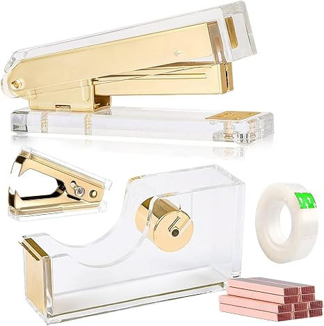 Acrylic Gold Tape Dispenser & Desktop Stapler, Includes Staple Remover, Tape, 1000pcs Staples - C... | Amazon (US)