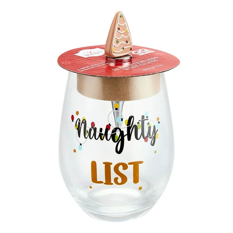 Holiday Time 19-Oz Glass Naughty List Wine Glass with Decorative Wine Stopper | Walmart (US)