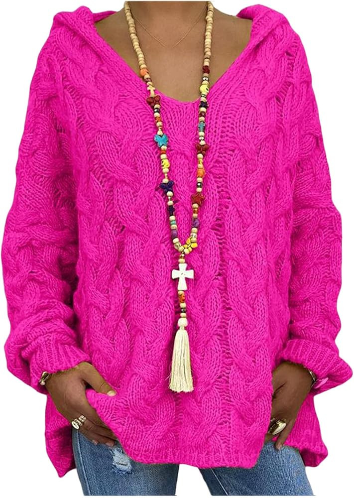 Womens Oversized Sweaters Chunky Cable Knit Pullover Sweater V Neck Hooded Sweatshirt Tops Casual... | Amazon (US)