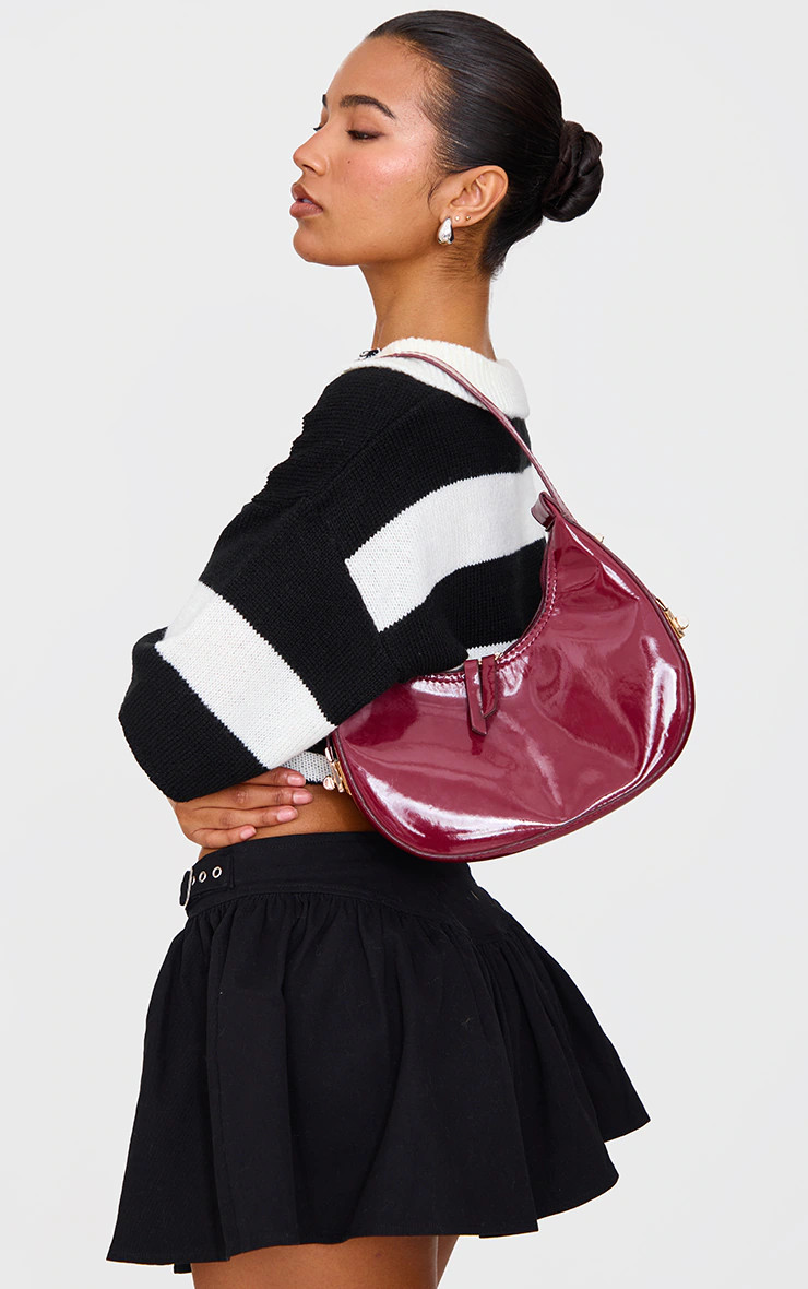 Burgundy Rounded Patent Shoulder Bag | Accessories | PrettyLittleThing US