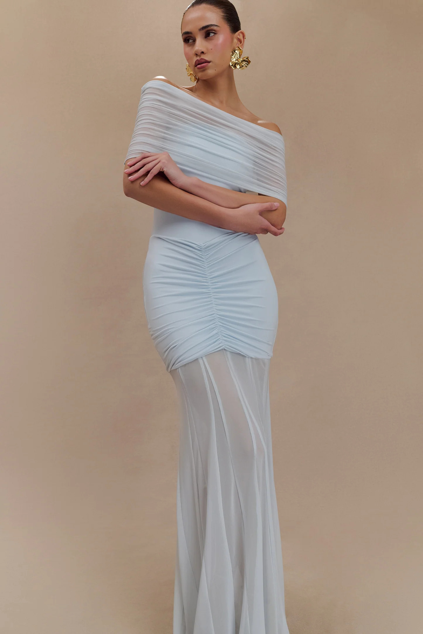 Caspian Slinky And Mesh Off Shoulder Maxi Dress - Pale Blue | Meshki UK