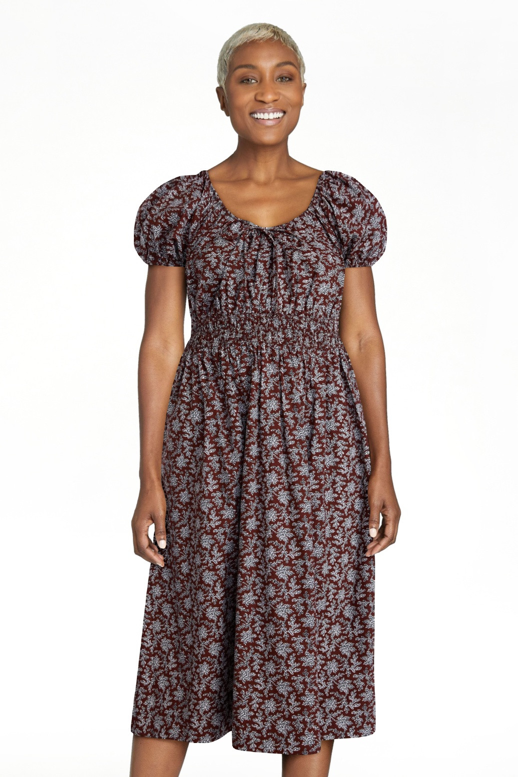 Scenario Women's and Women's Plus Smocked Waist Peasant Midi Dress with Puff Sleeves, Sizes XS-4X | Walmart (US)