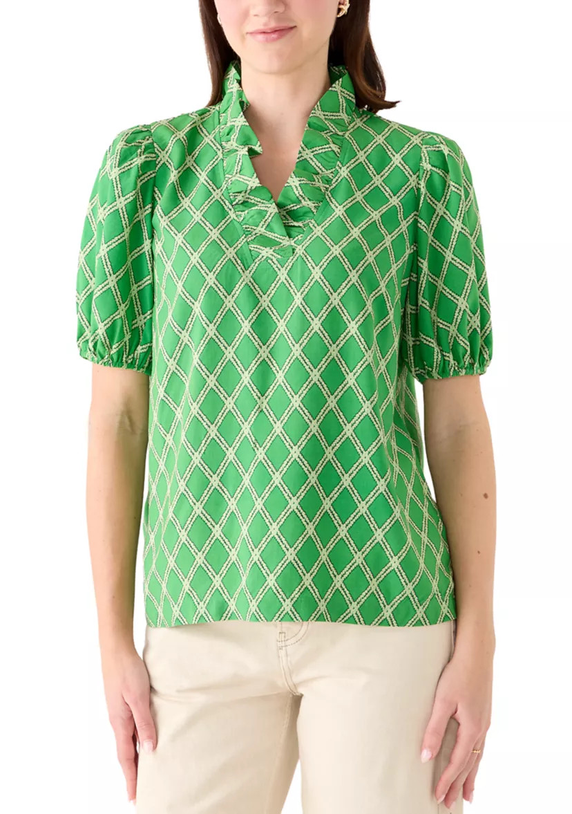 Women's Short Sleeve Print Ruffle Neck Top | Belk