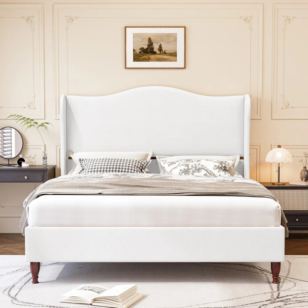 Queen Size Wingback Platform Bed Frame with Tall Headboard-White | Wayfair North America