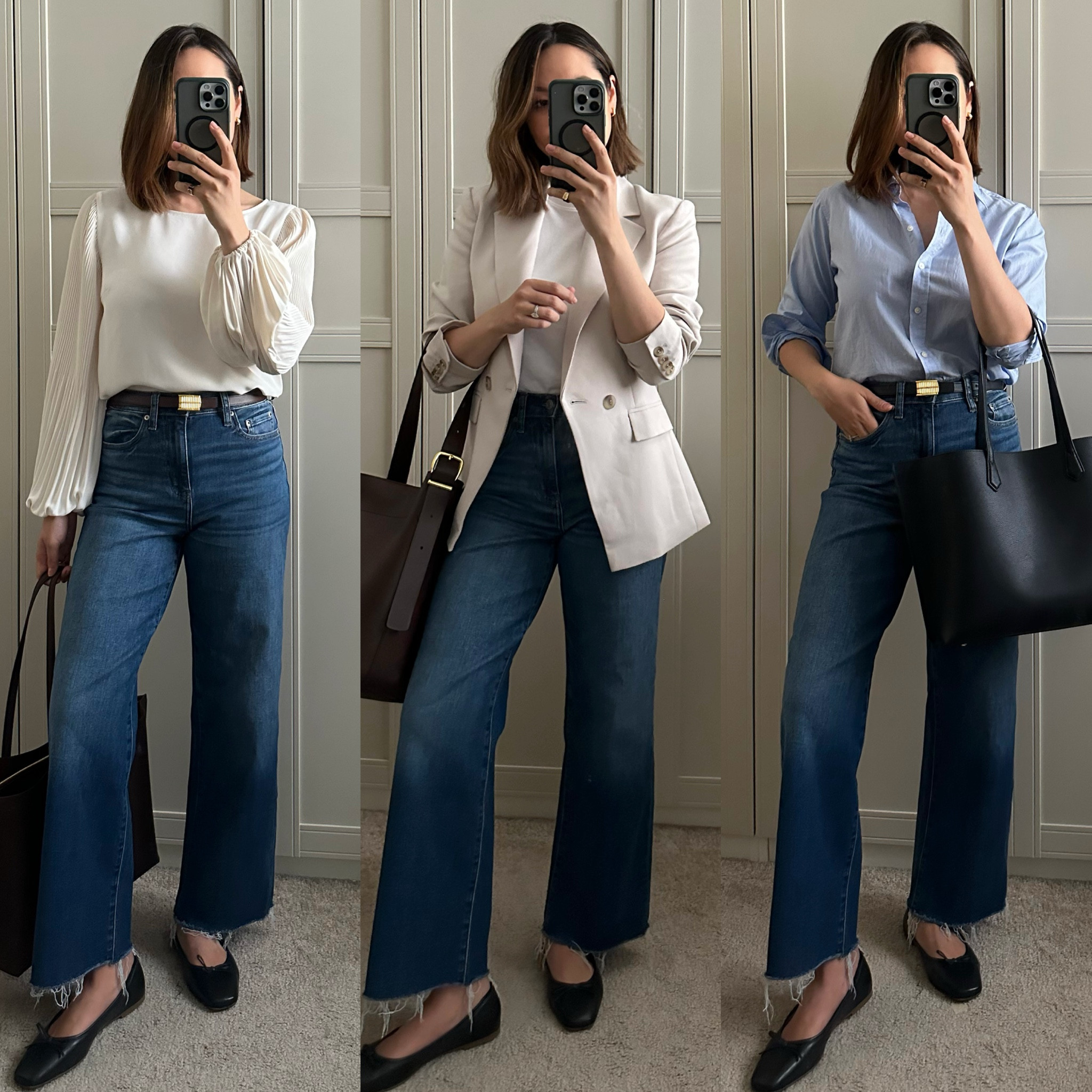 Spring workwear outfit ideas with jeans & flats 

1st top, old Ann Taylor linked to similar 
Nordstrom blazer 
Everlane button down 
Daze jeans - under $100 at Nordstrom 
Bernardo flats - super comfy! Went up half a size 

#LTKWorkwear #LTKStyleTip