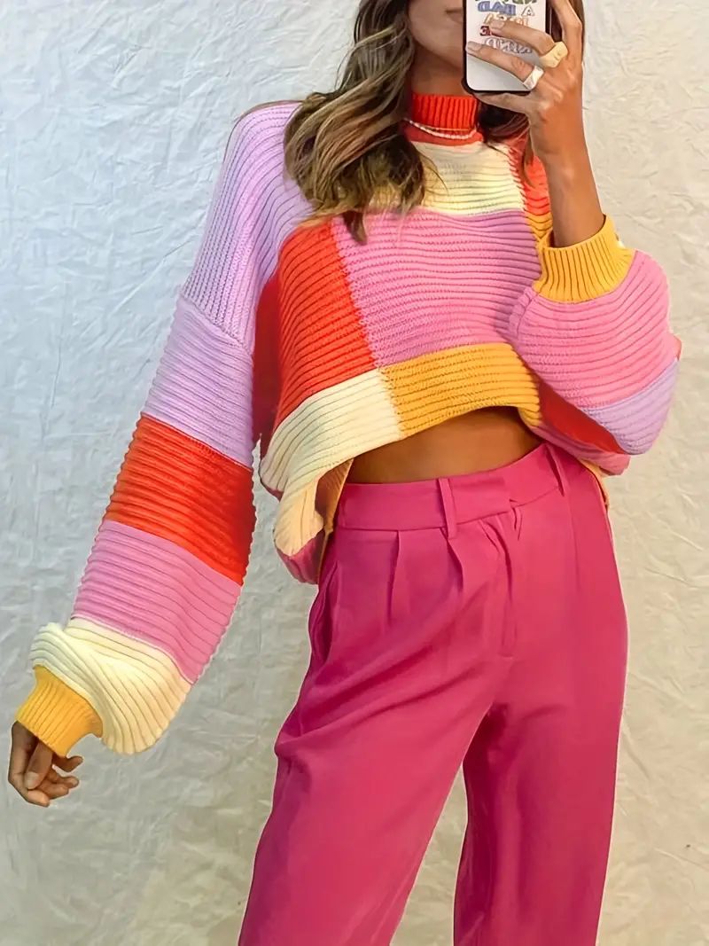 Color Block Mock Neck Pullover Sweater Y2k Long Sleeve - Temu | Temu Affiliate Program