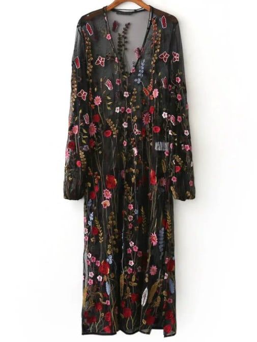 Black Floral Embroidery V Neck Sheer Mesh Maxi Dress | Romwe