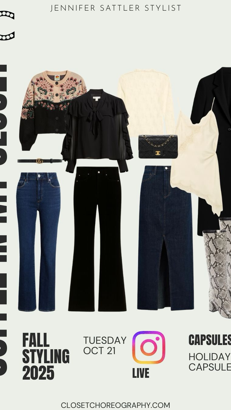 Highlights from coffee in my closet a LIVE styling session each week on Instagram & never miss an episode or an opportunity to shop when you sign up for my VIP shopper club. Enter your email at closetchoreography.com.