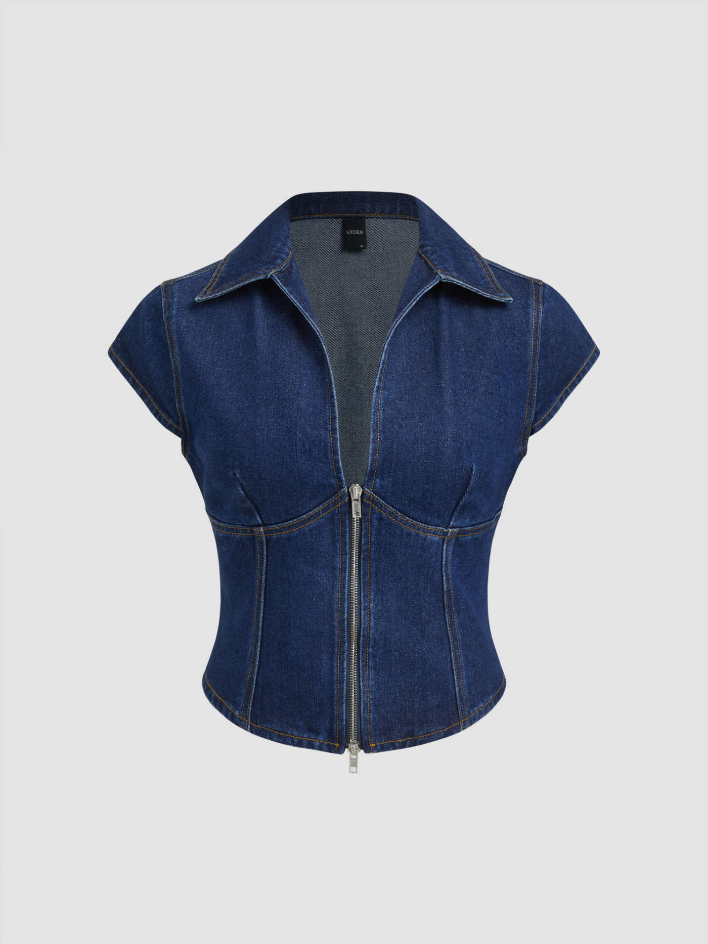 denim Denim Denim Polo Neck Zip Through Blouse For Party/Clubbing | Cider
