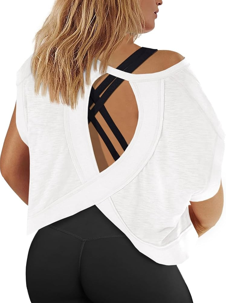 Fisoew Womens Plus Size Open Back Workout Tops Backless Short Sleeve Athletic Shirt Running Crop ... | Amazon (US)