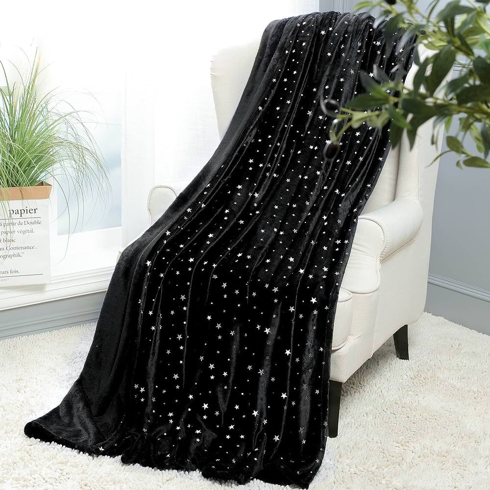 NANPIPER Fleece Blankets Warm Fuzzy Queen Size Blanket,Super Soft Star Foil Print,90"x 90" Black | Amazon (US)