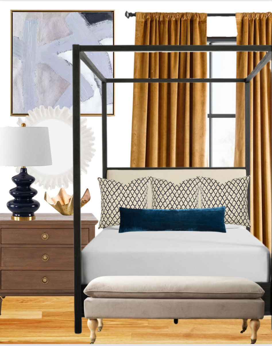 Modern bedroom with velvet accents 🖤 

Bedroom inspiration, bedroom, primary bedroom, guest room, canopy bed, velvet curtains, bench seating, lamp, velvet pillow, mirror, brass bowl, abstract art, nightstand, bedroom furniture, budget friendly bedroom 

#LTKunder100 #LTKstyletip #LTKhome